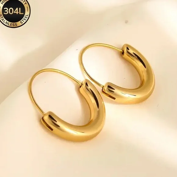 18k Stainless Steel Gold Hoop Earrings 1” - Picture 4 of 4